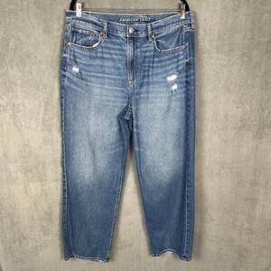 American Eagle Jeans Womens 14 Short Blue Super High Rise Baggy Straight